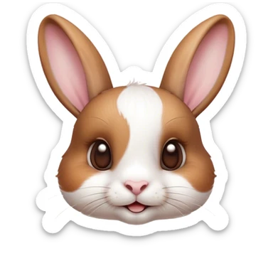 Cinematic Cute White and Brown Rabbit Portrait Emoji, Head tilted playfully and inquisitively, featuring a silky fur with a delicate mix of white and brown patches, round, sparkling eyes filled with curiosity, Simplified yet irresistibly adorable features, highly detailed, glowing with a warm, friendly glow, high shine, affectionate and lively, stylized with a touch of whimsy, bright and endearing, soft glowing outline, capturing the essence of a mischievous yet loving bunny, so playful it feels like it could hop out of the screen and into your arms! sticker