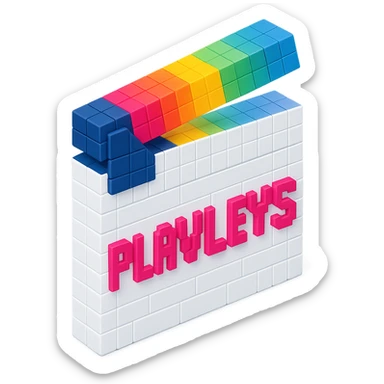 voxel style movie clapperboard, white body, colorful lid, pink text 'PLAVLEYS', isometric view sticker