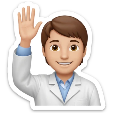 Hombre con bata blanca piel clara y cabello café saludando sticker