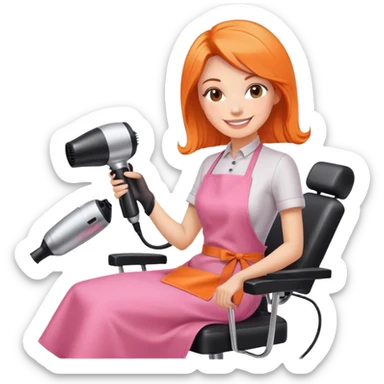smiling woman client in pink apron sitting in salon chair, female hairstylist smiling behind her with orange apron, holding a hairdryer in right hand sticker