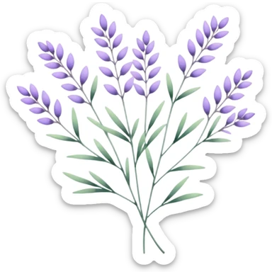 simple flower branches. The art style is clean line art with delicate watercolor textures, pastel colors, and a dominant palette of lavender, soft lilac, and muted purple. sticker