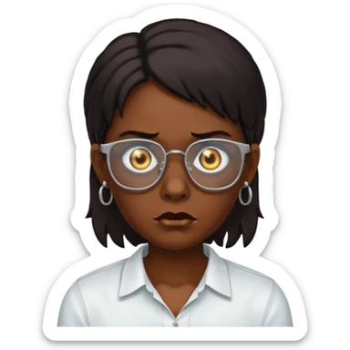 A zombie wearing a white shirt, dark skin, medium-length dark hair, earrings, and glasses, on a white background, facing forward. sticker
