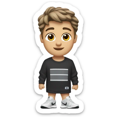 A very little tanned white boy with brown hair is very important that he has brown hair, short and a little wavy, with New Balance 1906R Grey, white Nike socks, a black Nike running jogging and a black Under Armour t-shirt. sticker