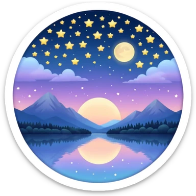"Design a calming circle emoji for evening reflection. Soft moonlight, gentle stars, peaceful twilight sky, or spiritual symbols. No people - emphasize tranquil colors, night sky elements, and serene spiritual imagery." sticker