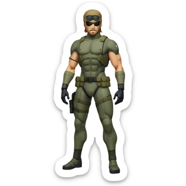 Cinematic Realistic Metal Gear Solid Snake Soldier Portrait, captured in a dynamic, battle-ready stance, muscles defined beneath intricately detailed combat gear in consistent muted greens, browns, and blacks. His determined eyes and rugged features, rendered with dramatic natural lighting and high shine, exude raw, unyielding power, epitomizing the fierce, relentless spirit of a covert operative in the midst of action. sticker