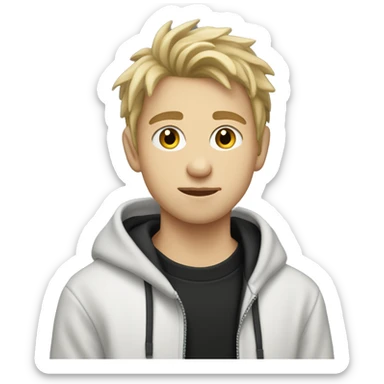 White teenage boy with scruffy dirty blond hair smug look in black hoodie sticker