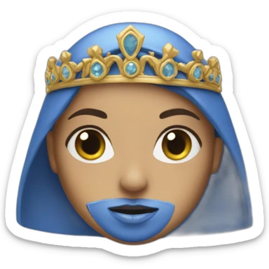 A veiled girl wearing blue clothes with a studded crown sticker