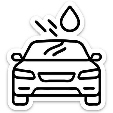 outlined icon of a full premium vehicle with glossy black paint, water droplet sliding on the hood or roof, clean lines, subtle repellent effect with water lines moving away, modern and simple sticker