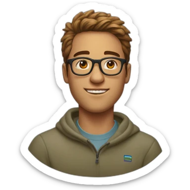 21 year old tech founder man swooped hair clear glasses wide head Patagonia sweater sticker