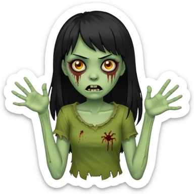 mulher zombie verde com cabelos pretos longos e franja com as mãos para frente igual um zombie sticker