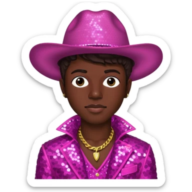Lil Nas X with dark brown hair, dark pink sequin outfit sticker