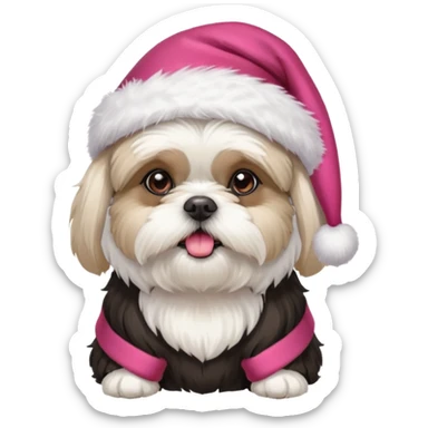 one little white all over shih tzu dog with pink santa hat and one mostly white with black havanese dog wearing a red santa hat sticker