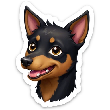 Cinematic Comical Black and Tan Kelpie Portrait Emoji, Head tilted dramatically with an exaggeratedly amused expression, featuring a striking black Fur with bold tan patches, wide, expressive dark eyes filled with playful disbelief, Simplified yet hilariously expressive features, highly detailed, glowing with a slightly sassy glow, high shine, dramatic yet playful, stylized with an air of cheeky mischief, bright and endearing, soft glowing outline, capturing the essence of a spirited and over-the-top herder, so meme-worthy it feels like it could side-eye its way into internet fame instantly! sticker