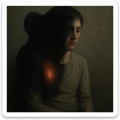 A person sitting in a dimly lit space, with a dark or glowing shape representing a symptom such as pain, fatigue, or anxiety merging into their chest or head. The person's expression is neutral or resigned, showing passive acceptance. The symptom appears as a shadow or second skin, wrapped around part of their body. The background is minimal and introspective. The style is surreal, conceptual, emotionally expressive with soft shadows and moody light, hyperrealistic 4K. sticker