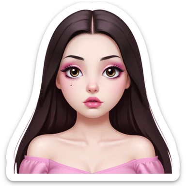 girl with white skin, dark brown long straight hair with middle part falling in front of her body, very big pouty extra shiny lips with absolutely no cupid's bow, big round shiny eyes with black eyeballs and huge eyelashes, lighter button nose, very long oval-shaped face, wearing a pink off-shoulder top, looking directly at camera with hands down at sides sticker