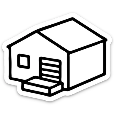 Single story warehouse building in isometric view with loading dock and roll-up door sticker