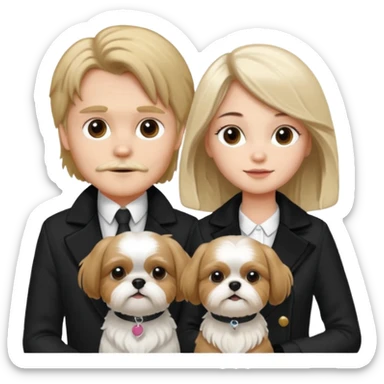 A couple boy with nice hair  and beautiful girl with long dark blond hair and with two shih tzu dogs with  black and white coat sticker