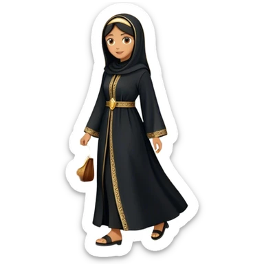 Middle Eastern cultural scene, featuring a young woman dressed in a traditional black abaya with gold accents, walking out of an old-style handcrafted shoe shop. sticker