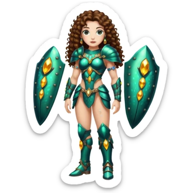 full body woman long curly brown hair brown eyes white skin tattoos muscular build covered in jewel beetle armor pieces sticker
