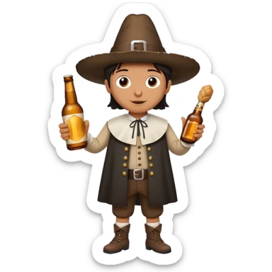 Mexican mandressesd as  pilgram Thanksgiving holding a Turkey drumstick and a bottle beer sticker