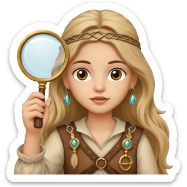 long haired girl in archaeological outfit, holding magnifying glass sticker