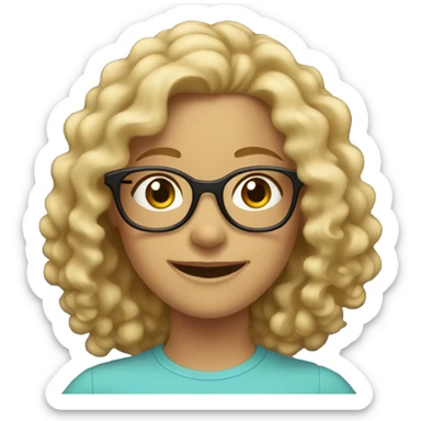 A blonde girl with curly hair up to her shoulders, wearing glasses, is smiling. sticker