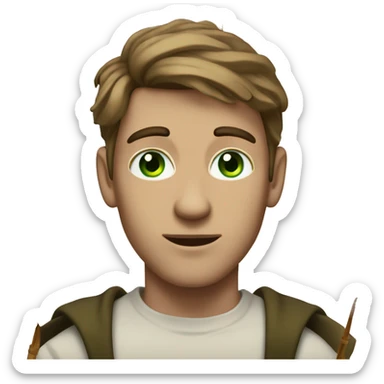 A light-skinned man with piercing green eyes, styled brown hair holding the long white paper scroll sticker