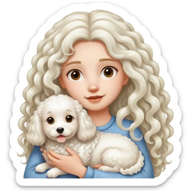 A long-haired girl is holding a big white curly dog sticker