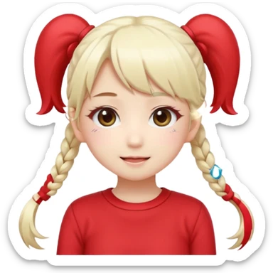 Cute kawaii emoji-style Japanese K-pop girl, long platinum blonde hair in twin tails, red outfit, Japanese K-pop idol vibes, big sparkling eyes, chibi proportions, clean lineart, pastel colors, cheerful idol smile, sticker/emoji style, transparent background sticker