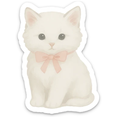Remove the background, keep only the cute fluffy white kitten with a light pink bow in watercolor art style with transparent background. sticker