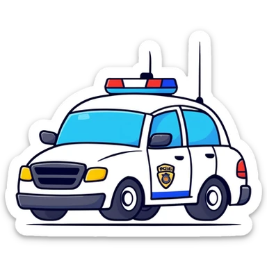 A cartoon police car character with a cute face, flashing lights and a small badge sticker