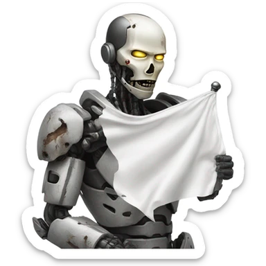 Damaged cyborg with white flag sticker