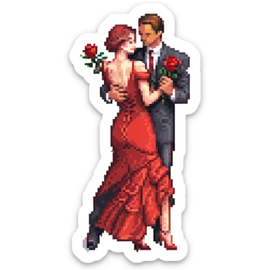 pixel art of a cute couple dancing Spanish tango, man in black suit with red rose, woman in red dress, dramatic tango pose, close embrace, vibrant and elegant, emoji size sticker