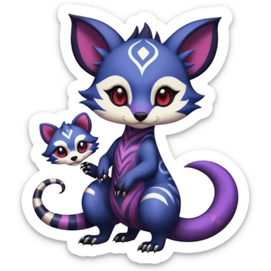 Rare warm-colored exotic gloomy tropical edgy cute epic aesthetic spooky indigo purple white black red gothic colorful Salandit-Furret-Espurr-Meowstic-Civet-species-Fakemon-hybrid-creature, with tribal tattoo markings, full body sticker
