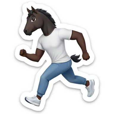 friendly anthropomorphised black stallion in jeans and a t-shirt, jogging upright in relaxed pose sticker