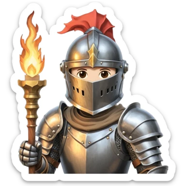 knight holding a short wooden torch in hand wearing darker, realistic iron armor, and a closed helmet hidden eyes in dark souls style sticker