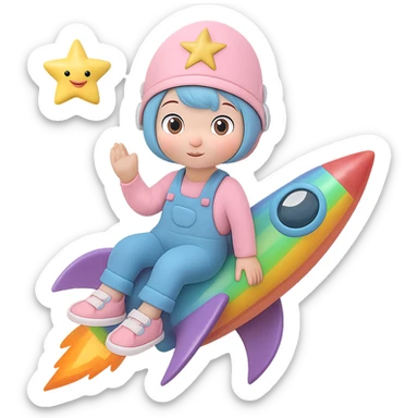 Change the rocket to a rainbow-colored rocket. Keep the kitten wearing pastel blue overalls and sneakers, pastel pink hat with a star. The kitten is sitting and smiling. Remove the background. sticker
