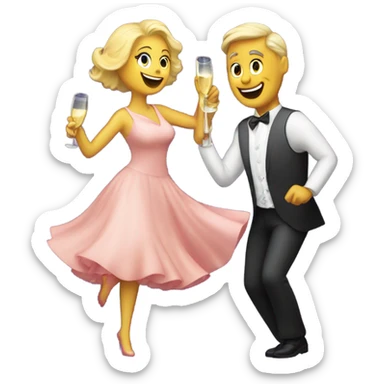A fifty years man and a blonde woman dansing with a cup and bottle of champagne by night sticker