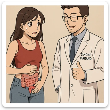 prendi spunto da questo stile di disegno e fai un webtoon/manga a colori con questo nutrizionista in camice bianco (fagli la scritta "SIMONE MARANO" SUL CAMICE) in piedi CHE PARLA CON UNA RAGAZZA in piedi accanto a lui. la ragazza GLI chiede UNA COSA preoccupata mentre si tocca la pancia e ha un intestino umano infiammato sulla pancia, e IL NUTRIZIONISTA CON IL CAMICE BIANCO le risponde mentre annuisce. la ragazza falla mora, con top rosso e jeans chiari, NON FARE I FUMETTI, FAI SOLO LORO COME SE DIALOGASSERO, falli a figura intera. la ragazza falla a sinistra e il nutrizionista a destra sticker