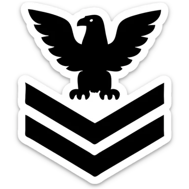 U.S. Navy E-2 insignia, stylized gold eagle and two chevrons, navy blue background, flat icon sticker