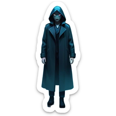 Movie Poster: A tense, gripping design with dramatic lighting. Shadows loom, and ominous shapes emerge from the mist. Suspenseful and cinematic atmosphere.  Include a mysterious figure in a dark coat standing in a rain-soaked alley, with glowing neon signs in the background. Transparent background. sticker