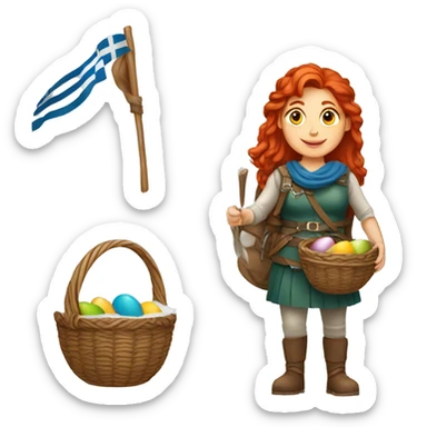 red hair female winter mountaineer offering Easter basket and Greek flag sticker