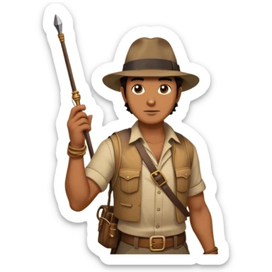 Icon for Adventure Movies: A vintage movie poster-style design with a rugged adventurer wearing a fedora and holding a whip, surrounded by ancient ruins, treasure, and booby traps. Include a map, a golden idol, and dramatic lighting. Retro cinematic style. Transparent background. sticker