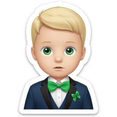 baby boy in suit, blue eye, with green bow sticker