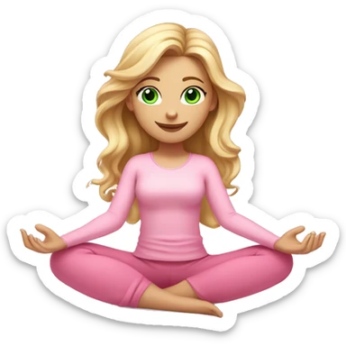 blonde long curled hair and green eyes yoga beautiful girl in light pink pink pink clothes sitting on a yoga mat sticker