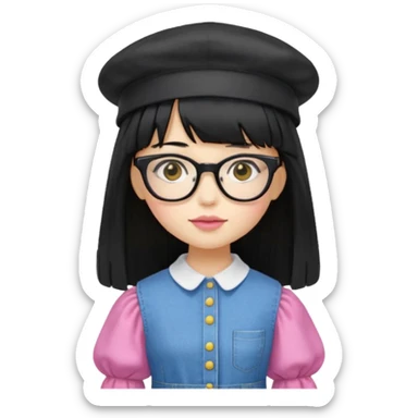 A yellow-skinned girl with long straight black hair, flat bangs, black frame glasses, a white puffy sleeve doll shirt, blue jeans and pink shoes, and a black painter's hat，no yellow spikes. sticker
