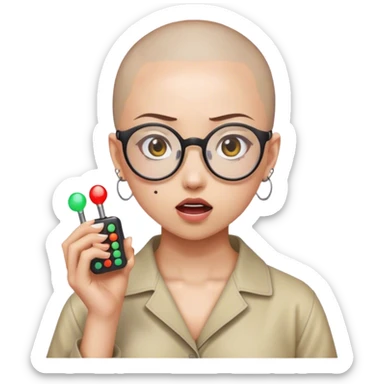 “Hey genmoji, create a half Japanese girlie with glasses holding buzzers and part of her head shaved. She has concepts of a psychotic break sticker