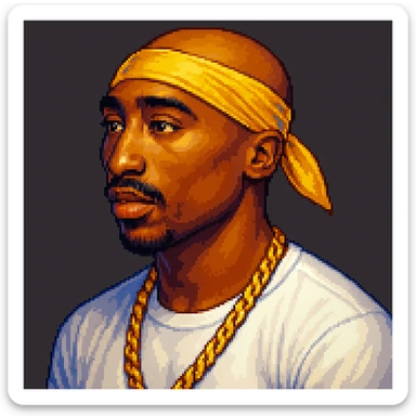 2Pac in the style of pixel art, three-quarter view, with a gold chain sticker