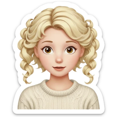 blonde hazel eyes woman with a white cable knit sweater and one curly messy bun with tendrils of hair flowing down her face and she is happy pale, some freckles, blush. she has a cateye wing and long lashes sticker