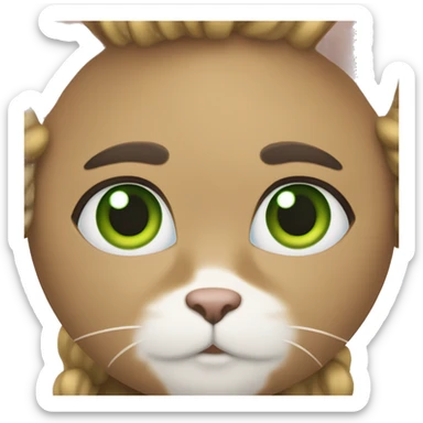 White main coin cat with green eyes. A girl with dark blond hair, brown eyes, a birthmark on her left cheek and thick dark brown eyebrows holding the cat sticker